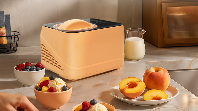 Whynter ice cream maker next to bowls of ice cream and fruit