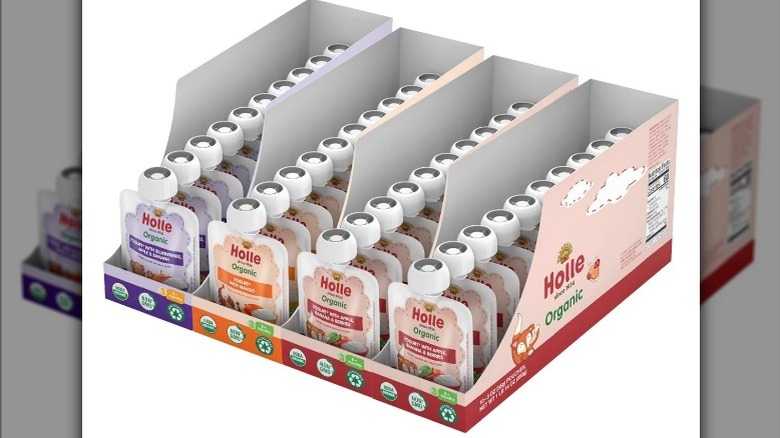 A large box of organic baby pouches in three different flavors