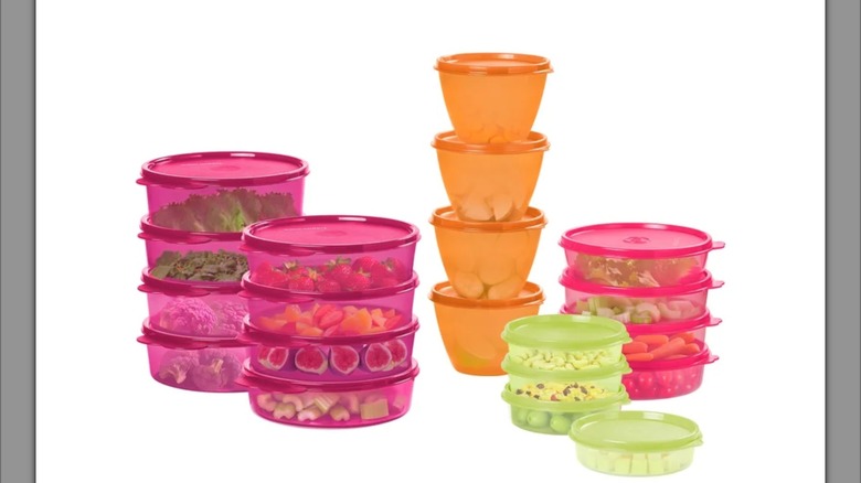 An image of the orange, pink, purple, and green Tupperware Meal Prep Set