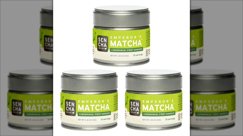 A three-pack of Sencha Naturals Emperor's Ceremonial Matcha Green Tea Powder stacked in pyramid form.