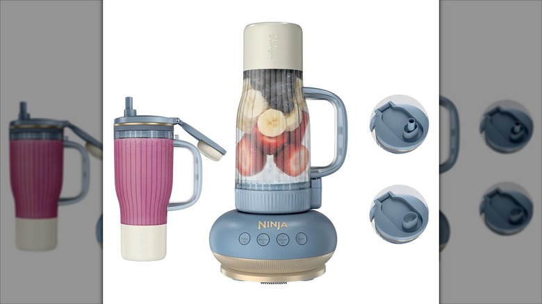 A Ninja BlendBOSS Tumbler Blender pictured with its components