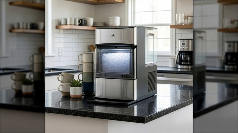 A Brio 740i Nugget Ice Maker sits on a kitchen countertop