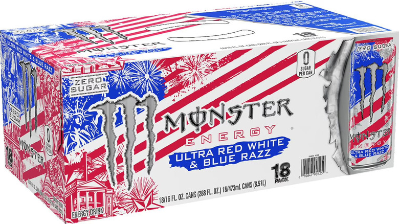 A pack of Ultra Red White and Blue Razz Monster Energy Drinks