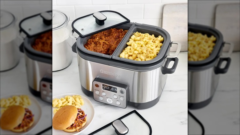 A GreenPan Slow Cooker full of two different foods