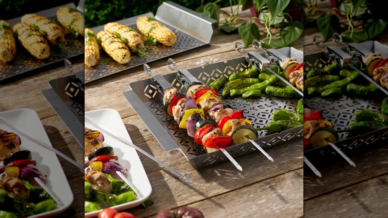 Prepared food on a Henckels BBQ Trays & Skewer Set