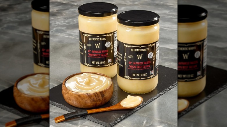 Jars and bowls of Japanese wagyu beef tallow