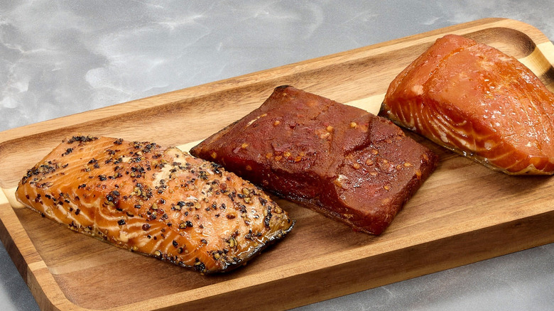 Smoked salmon sampler on platter