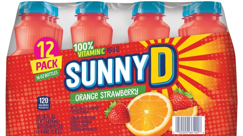 A pack of SunnyD sits against a white background.