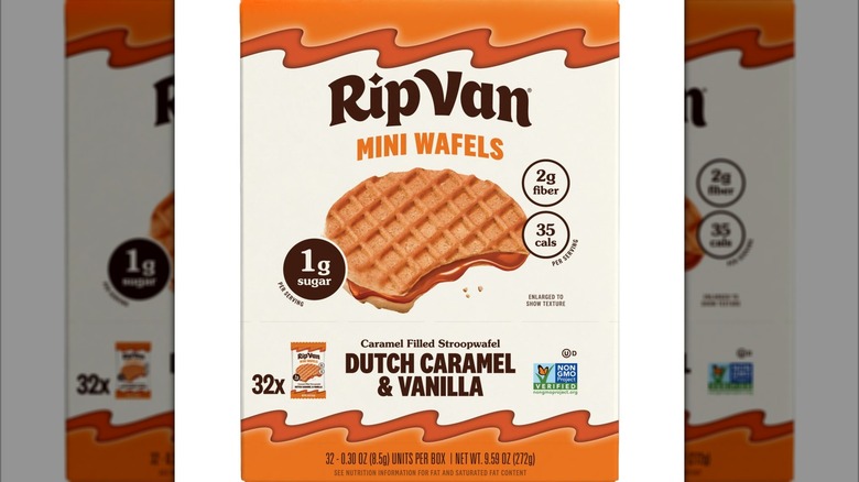 A box of stroopwafels sits against a white background.
