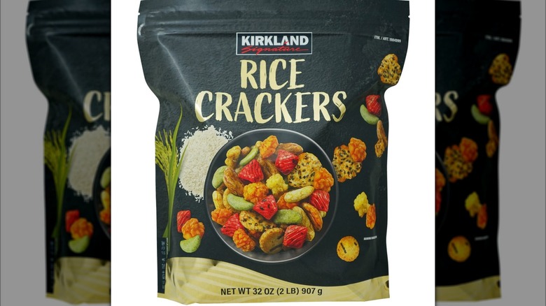 A bag of rice crackers sits against a white background.