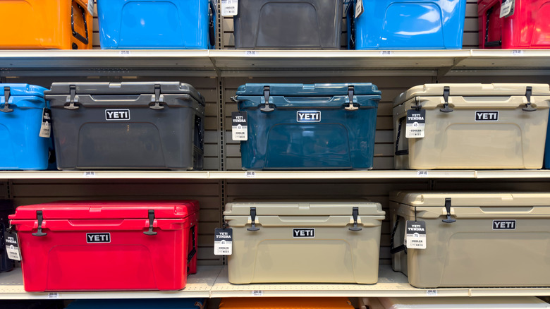Shelf stacked with Yeti coolers.