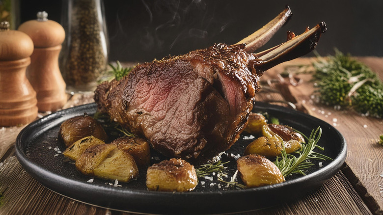 Leg of lamb on a plate with potatoes and herbs
