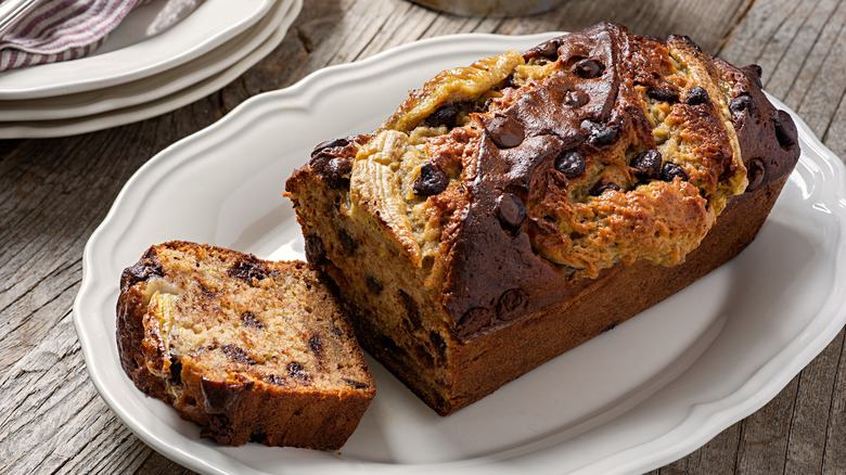 chocolate chip banana bread on a plate