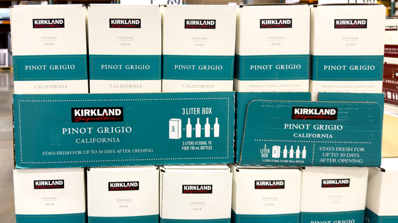 Stacks of Kirkland Signature California Pinot Grigio in 3 liter boxes