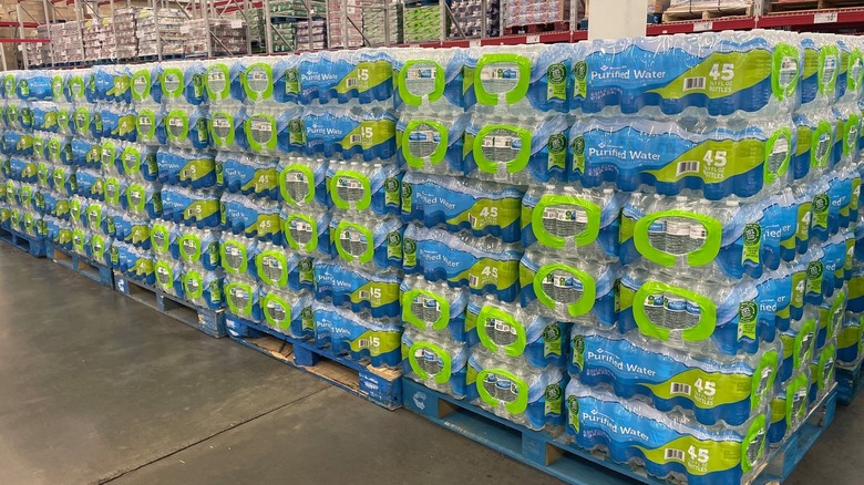 Pallets full of many cases of Member's Mark bottled water from Sam's Club