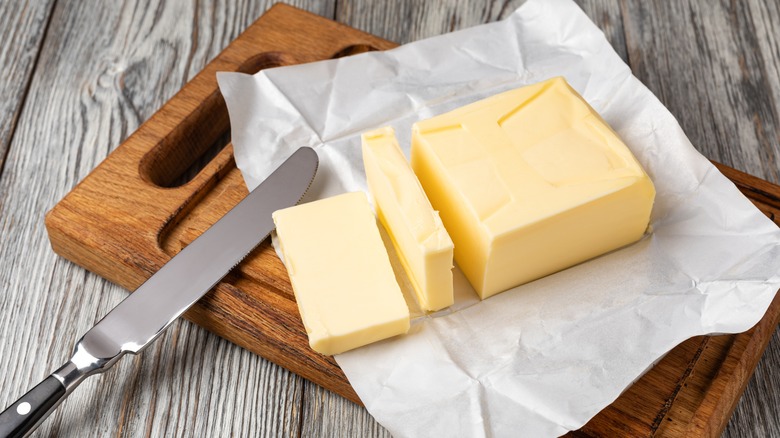 Butter sliced on a serving platter