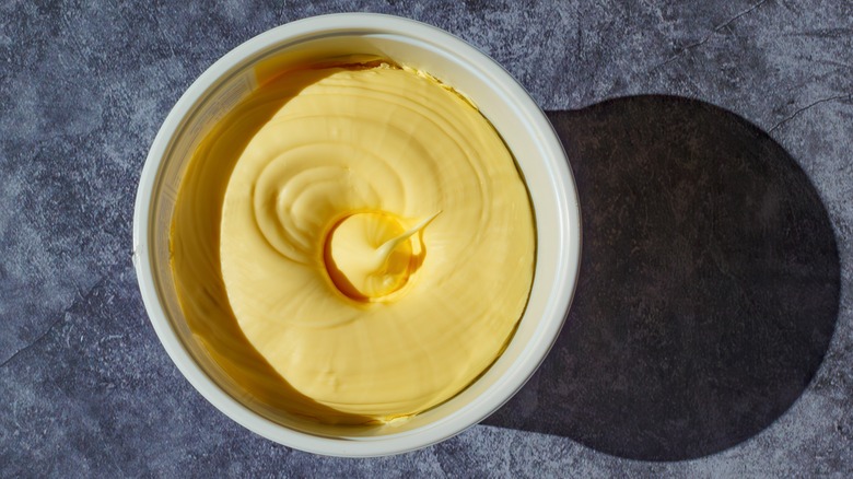 Overheard shot of margarine in a bowl or tub