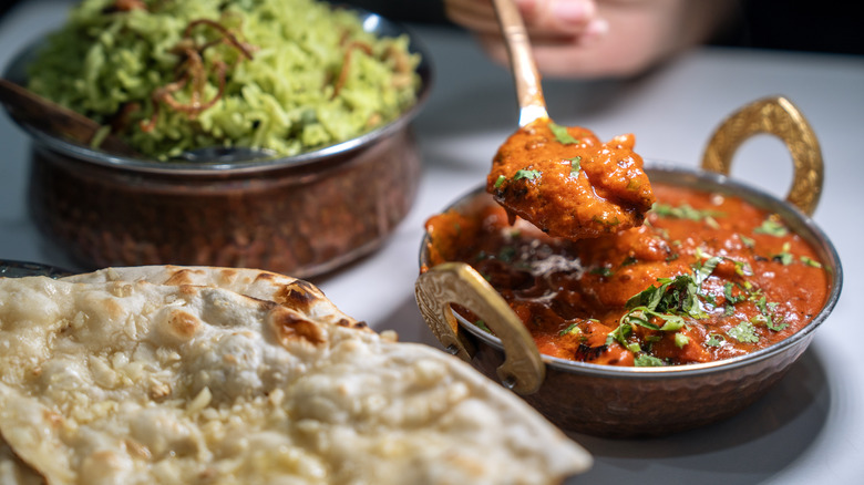 Indian curry, naan, and other dishes