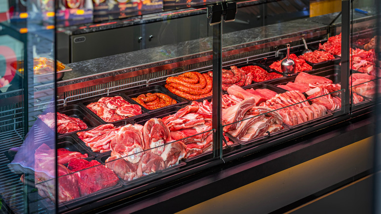 Butcher counter with a variety of meat