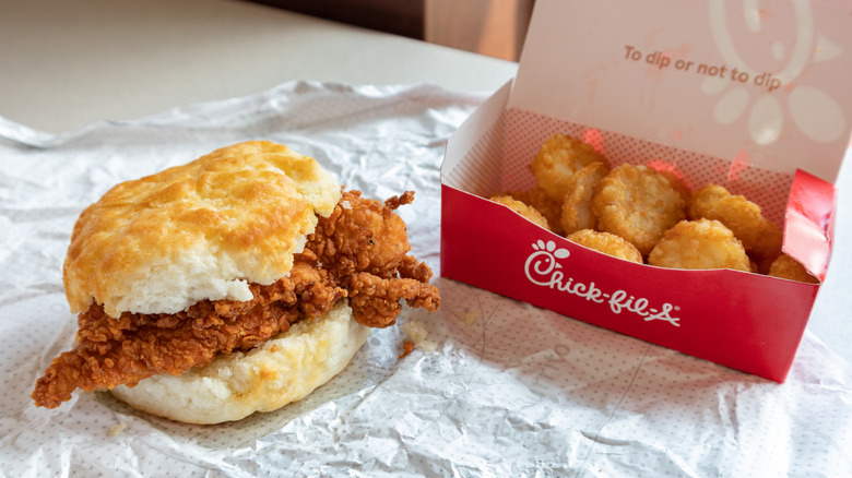 Chick-fil-A Chicken Biscuit and hashbrowns.