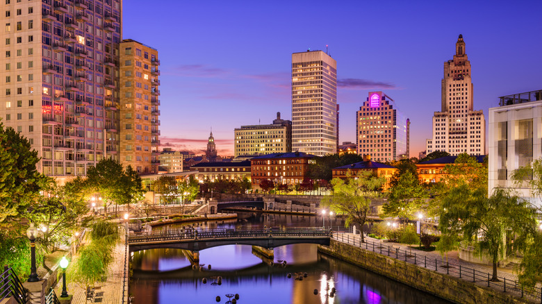Providence, Rhode Island skyline with water at night.
