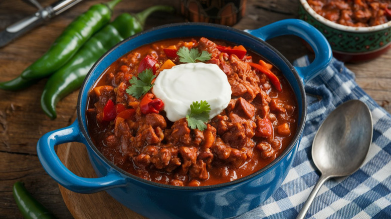 A blue Dutch oven filled with chili and topped with sour cream