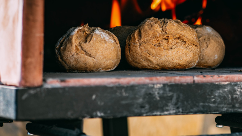 loaves of rustic bread in wood-fired oven