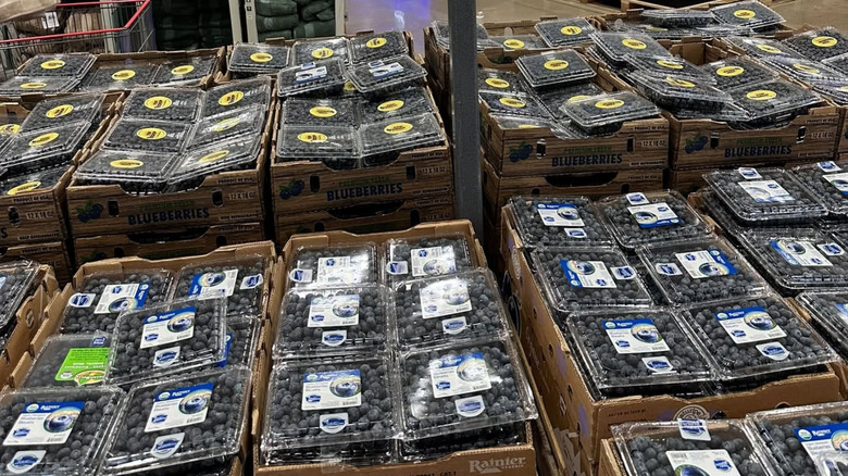 Blueberries sit in a Costco store.