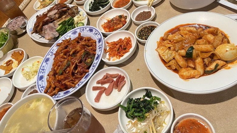 A spread of food served at Dal Dong Nae.