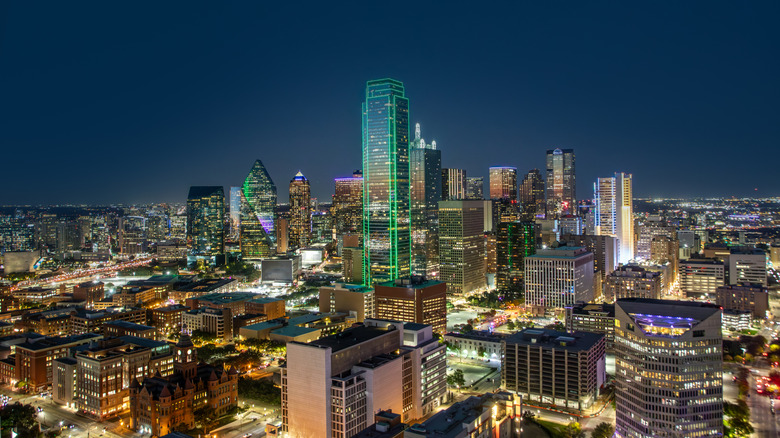 The Dallas skyline at night.