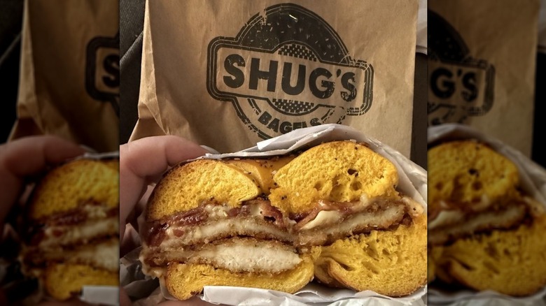 Bagel sandwich offered at Shug's Bagel.