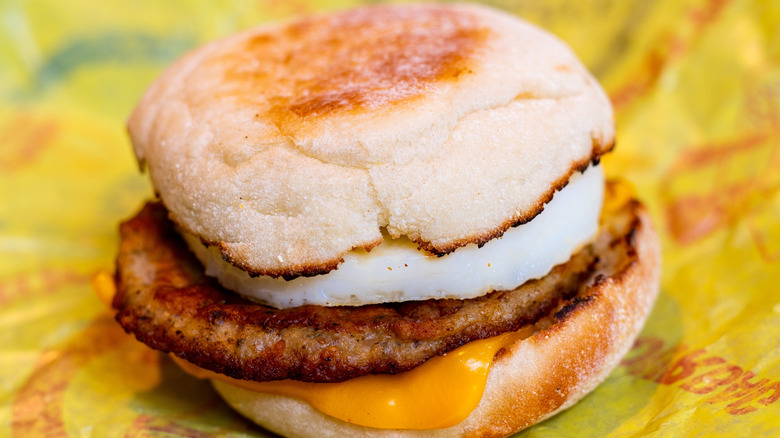 A McMuffin sits on a wrapper