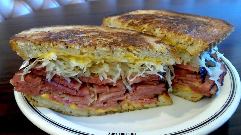 Langer's Deli No. 44 pastrami Reuben sandwich on plate