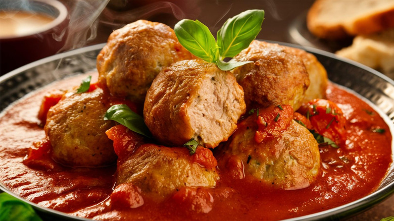 Turkey meatballs in a tomato sauce, garnished with fresh herbs