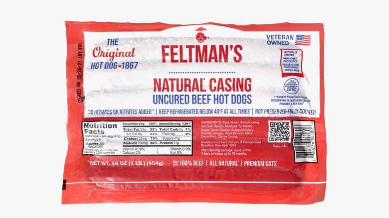 Package of Feltman's of Coney Island Uncured Beef Franks on a white background