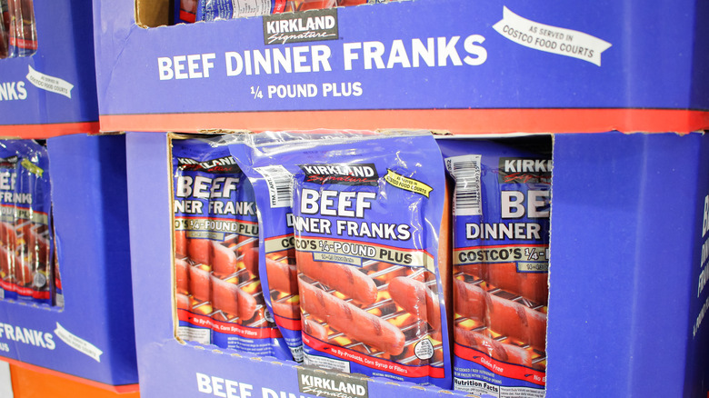 Kirkland Signature Beef Dinner Franks on display in a Costco aisle