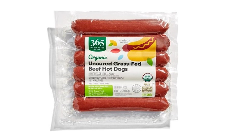 Package of Whole Foods 365 Organic Uncured Grass-fed Beef Hot Dogs