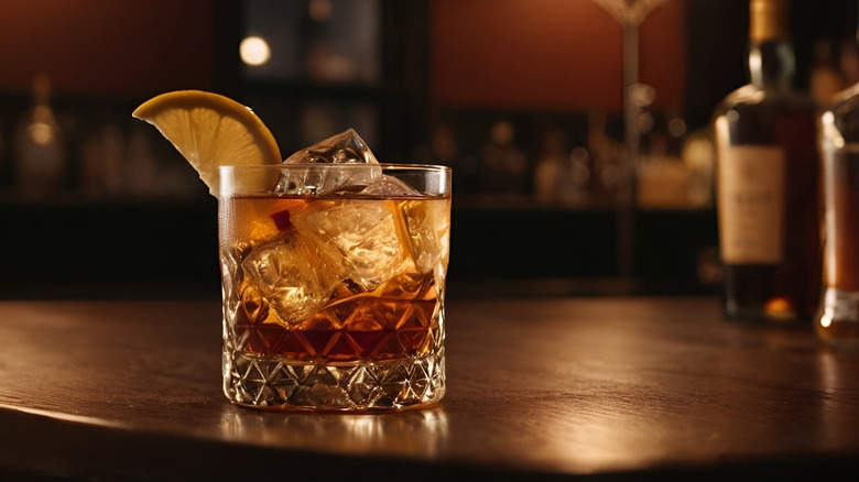 Old fashioned cocktail served on a table.