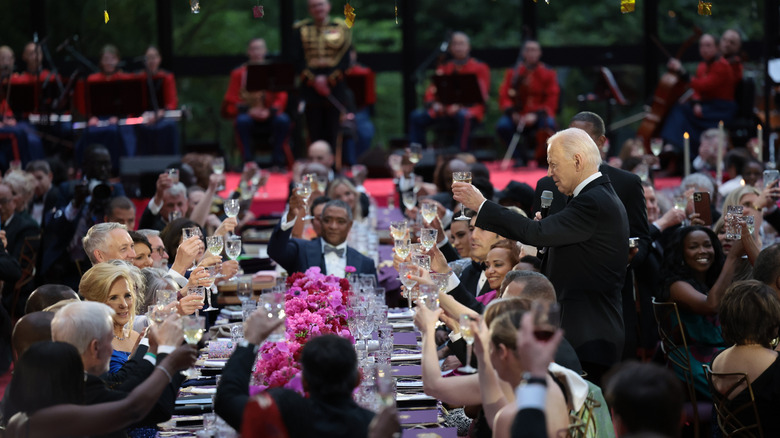 Joe Biden toasting to government officials at state dinner to welcome Kenyan officials in May 2024