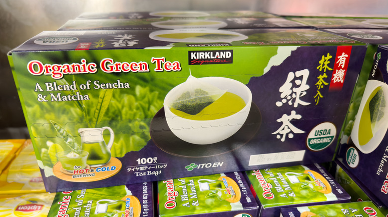 A box of Kirkland and Ito En green tea
