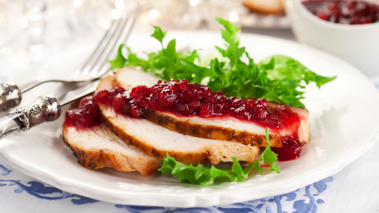 Sliced turkey breast with cranberry sauce