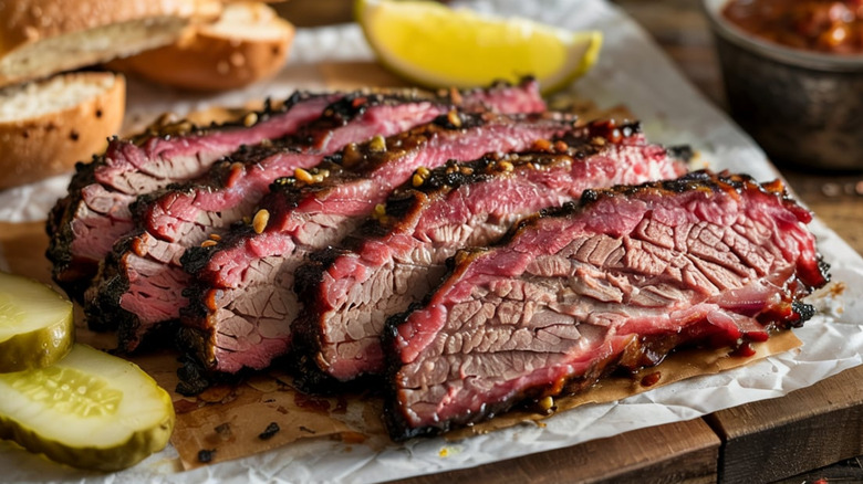 Smoked brisket on a cutting board next to pickles, bread, and a slice of lemon