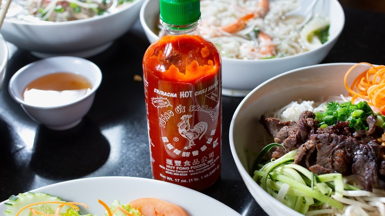 Huy Fong sriracha with Vietnamese food