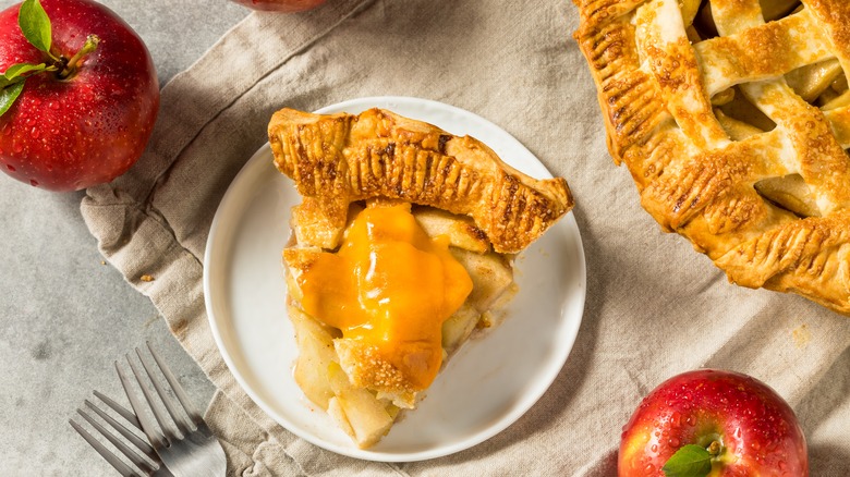 slice of apple pie with cheddar cheese on top served on a white plate
