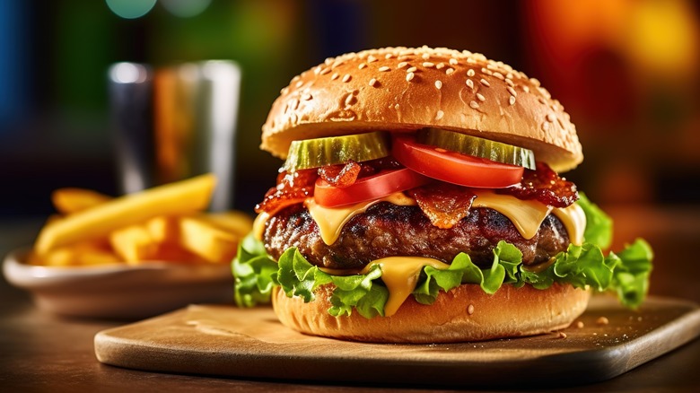 juicy cheeseburger with tomatoes, pickles, and onion