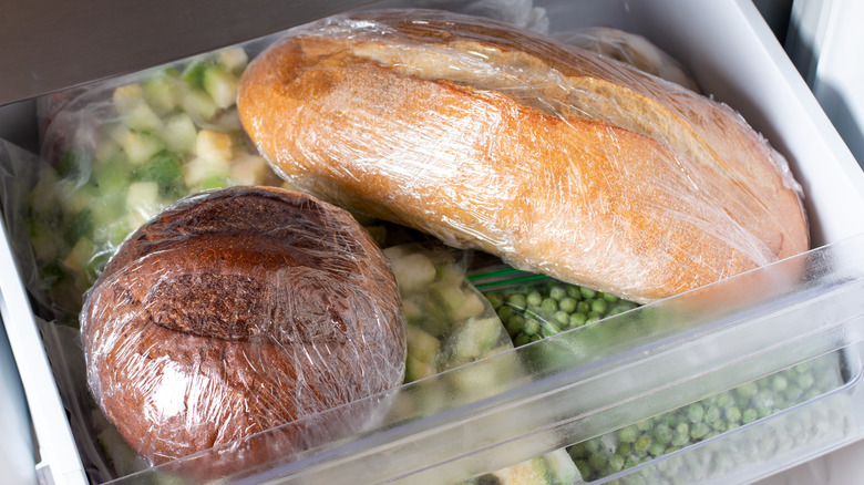 Wrapped loaves in freezer