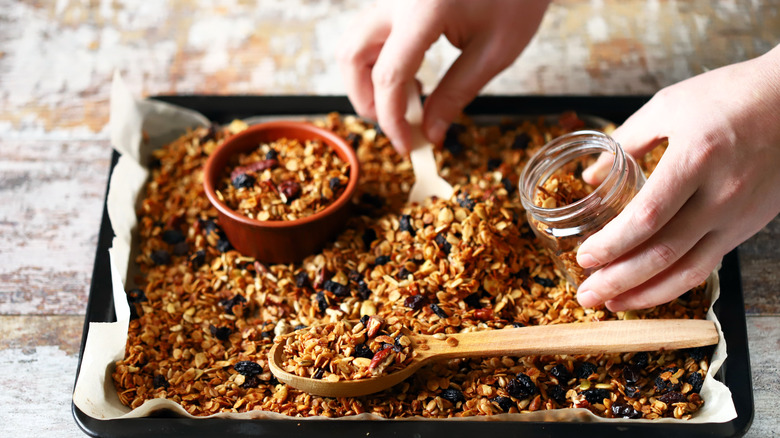 Homemade granola on a baking sheet
