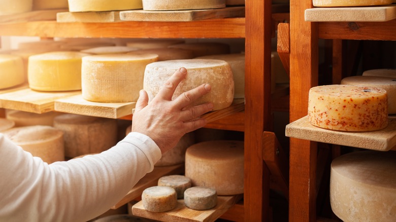 man grabbing wheel of cheese