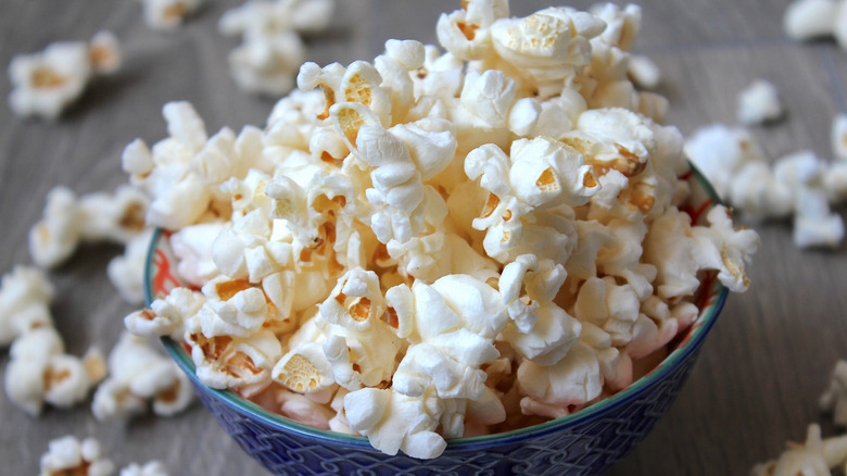 Close-up of a small bowl of plain popcorn