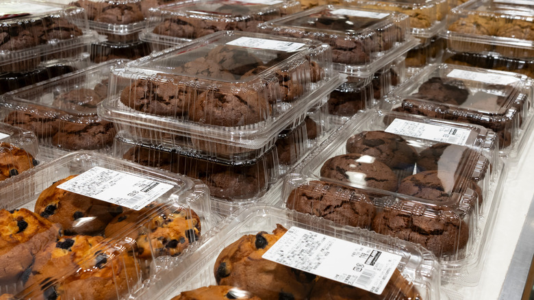 Stacks of Costco muffins in the bakery section